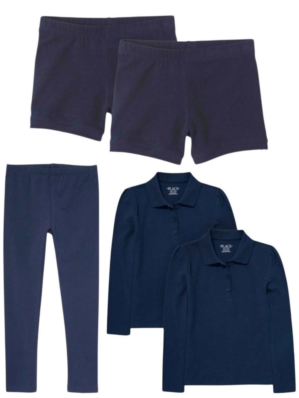 5pc Children's Place Girls Navy Long Sleeve Polo, Leggings, Cartwheel Shorts Set